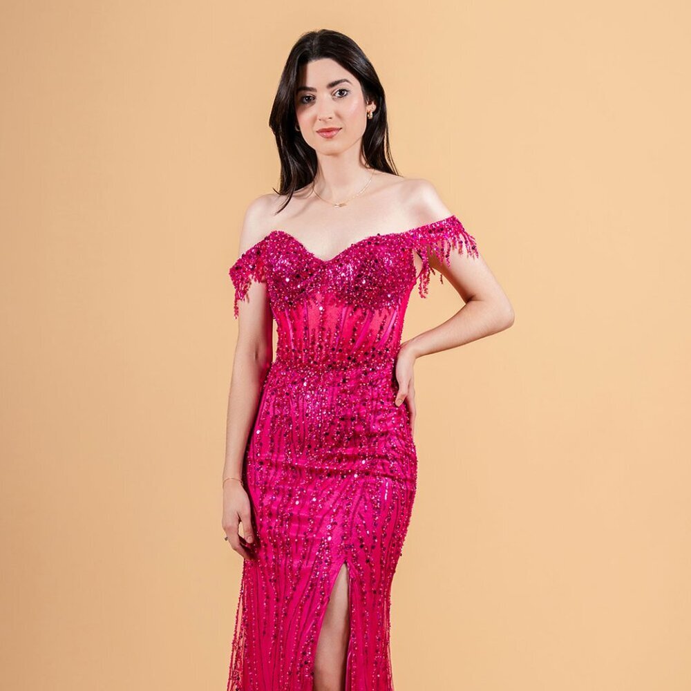 New Elegant Off Shoulder Tulle Dress w/ Beads Embroidery & Sheer Bodice GL3620